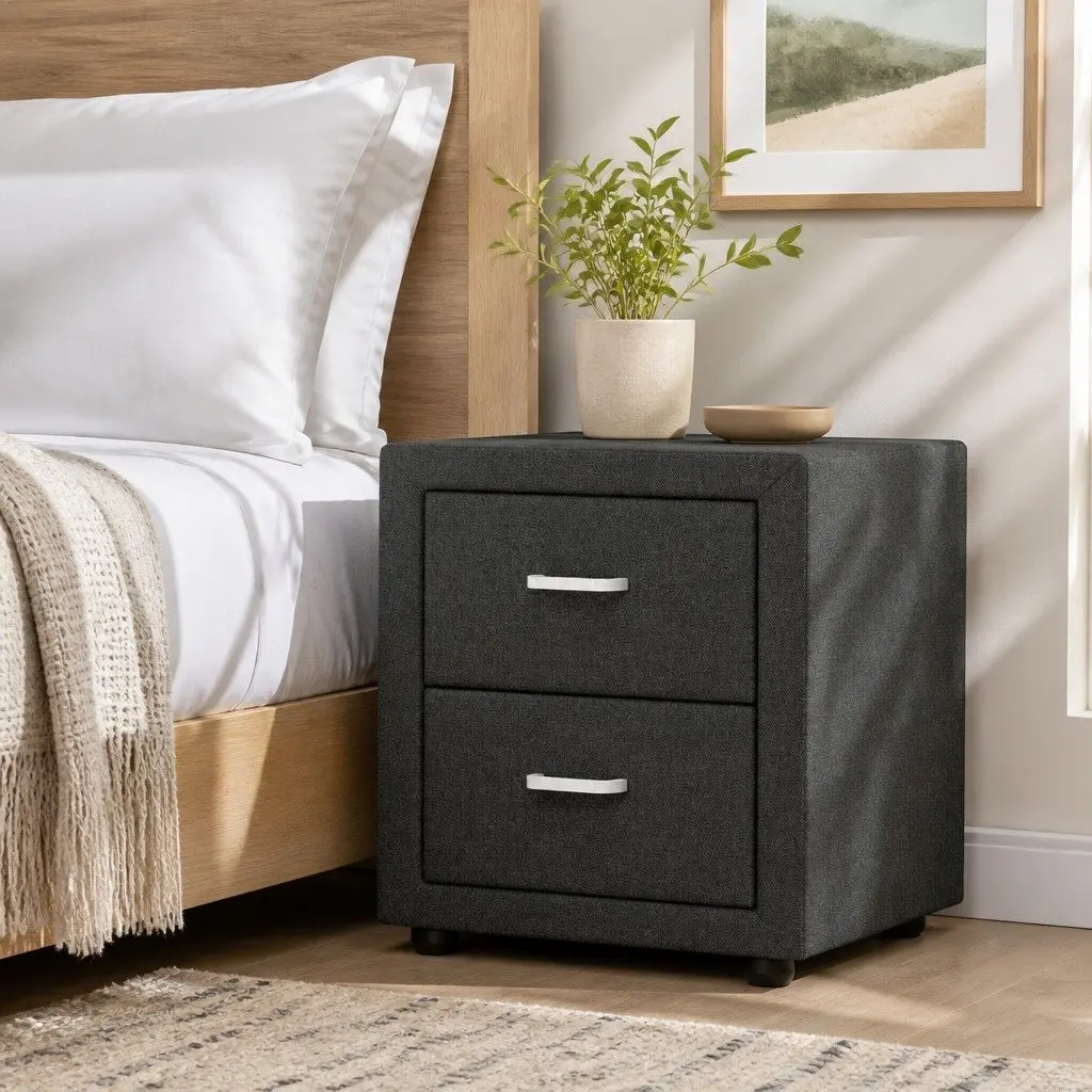 Bedside Table MDF Frame Faux Linen Charcoal 2 Drawers Modern Bedroom
