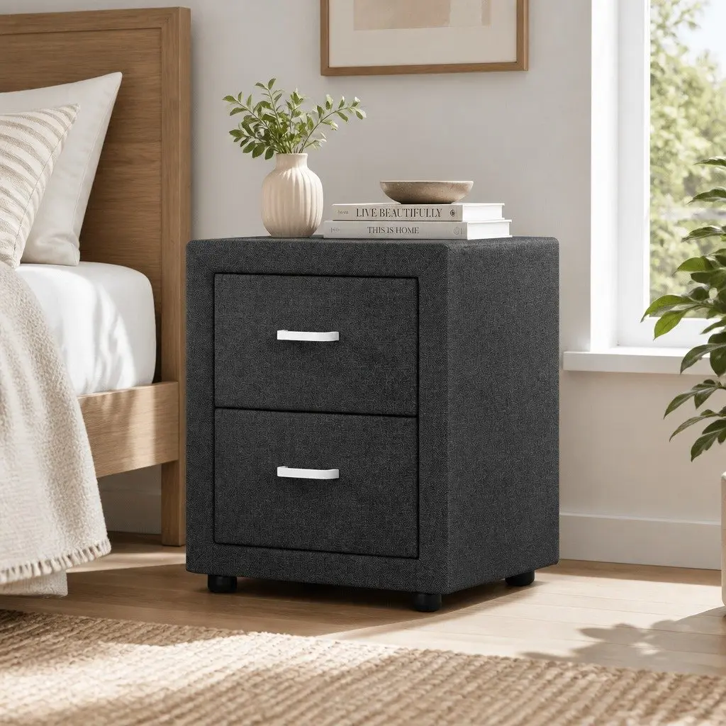 Bedside Table MDF Frame Faux Linen Charcoal 2 Drawers Modern Bedroom
