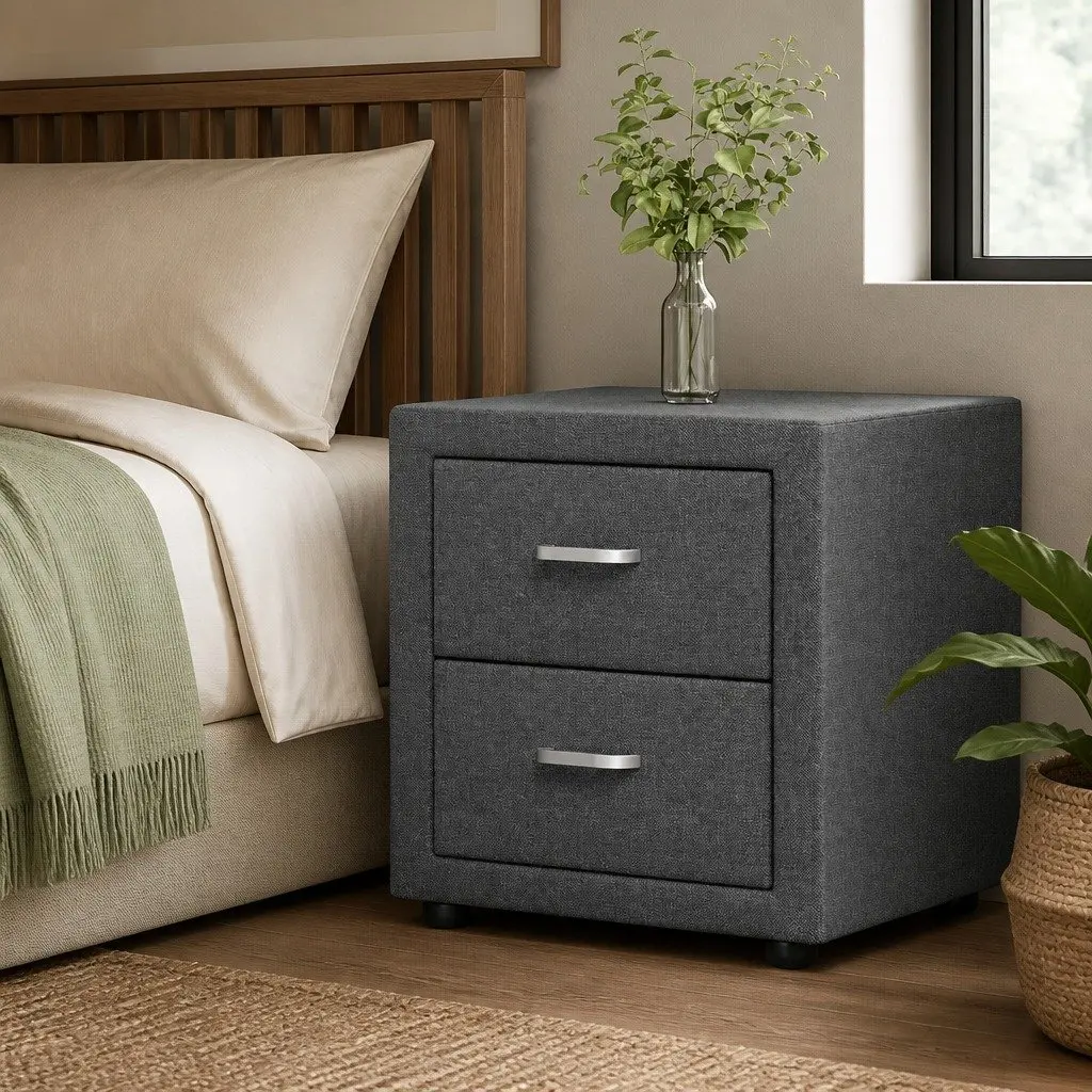 Bedside Table Linen Fabric 46cm x 40cm x 50cm Grey 2 Drawers Modern Bedroom Furniture
