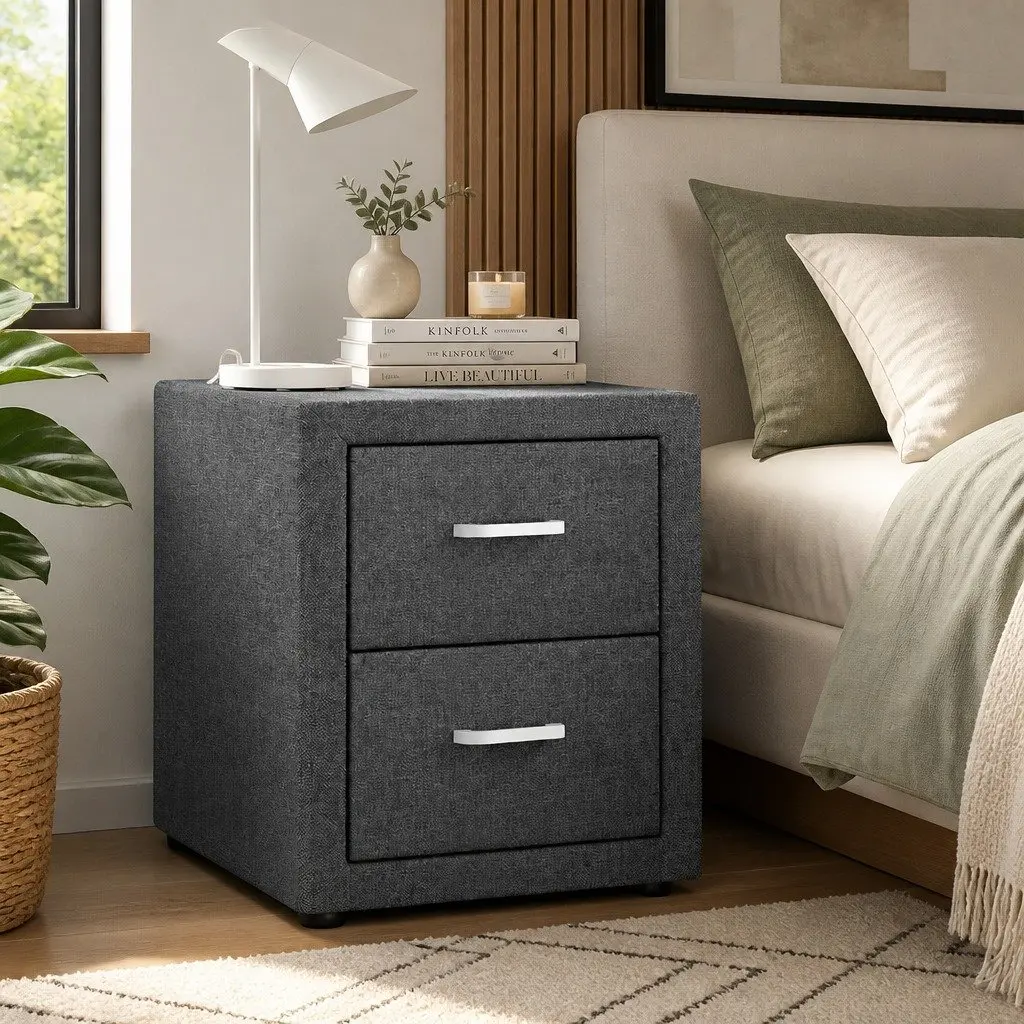 Bedside Table Linen Fabric 46cm x 40cm x 50cm Grey 2 Drawers Modern Bedroom Furniture