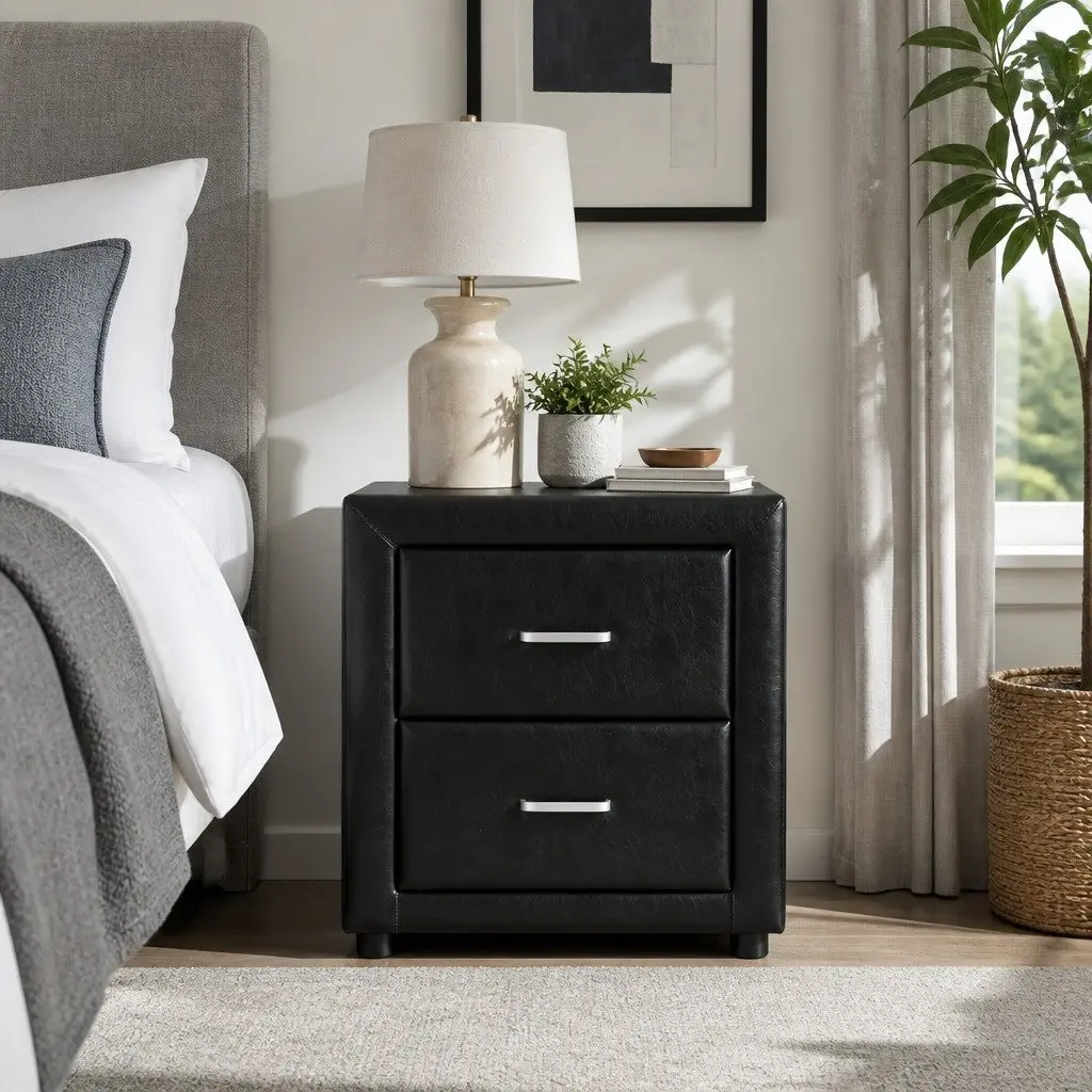 Bedside Table PU Leather 48cm W x 40cm D x 50cm H Black 2 Drawers Modern Furniture