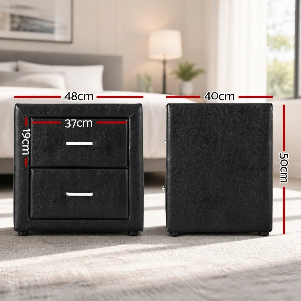 Bedside Table PU Leather 48cm W x 40cm D x 50cm H Black 2 Drawers Modern Furniture