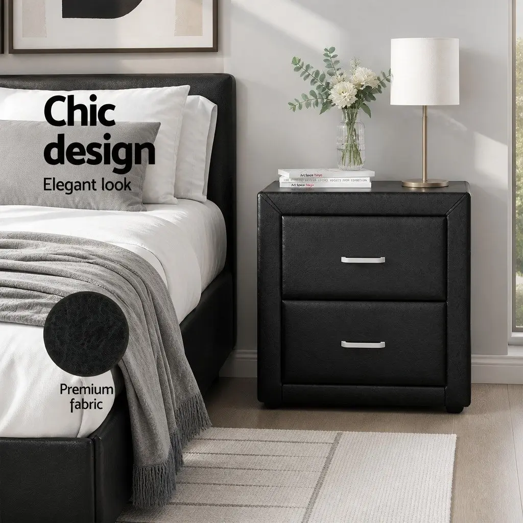 Bedside Table PU Leather 48cm W x 40cm D x 50cm H Black 2 Drawers Modern Furniture