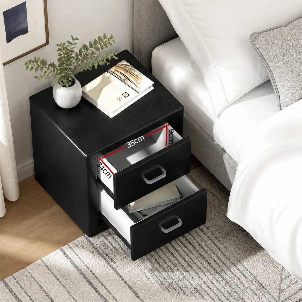 Bedside Table PU Leather 48cm W x 40cm D x 50cm H Black 2 Drawers Modern Furniture