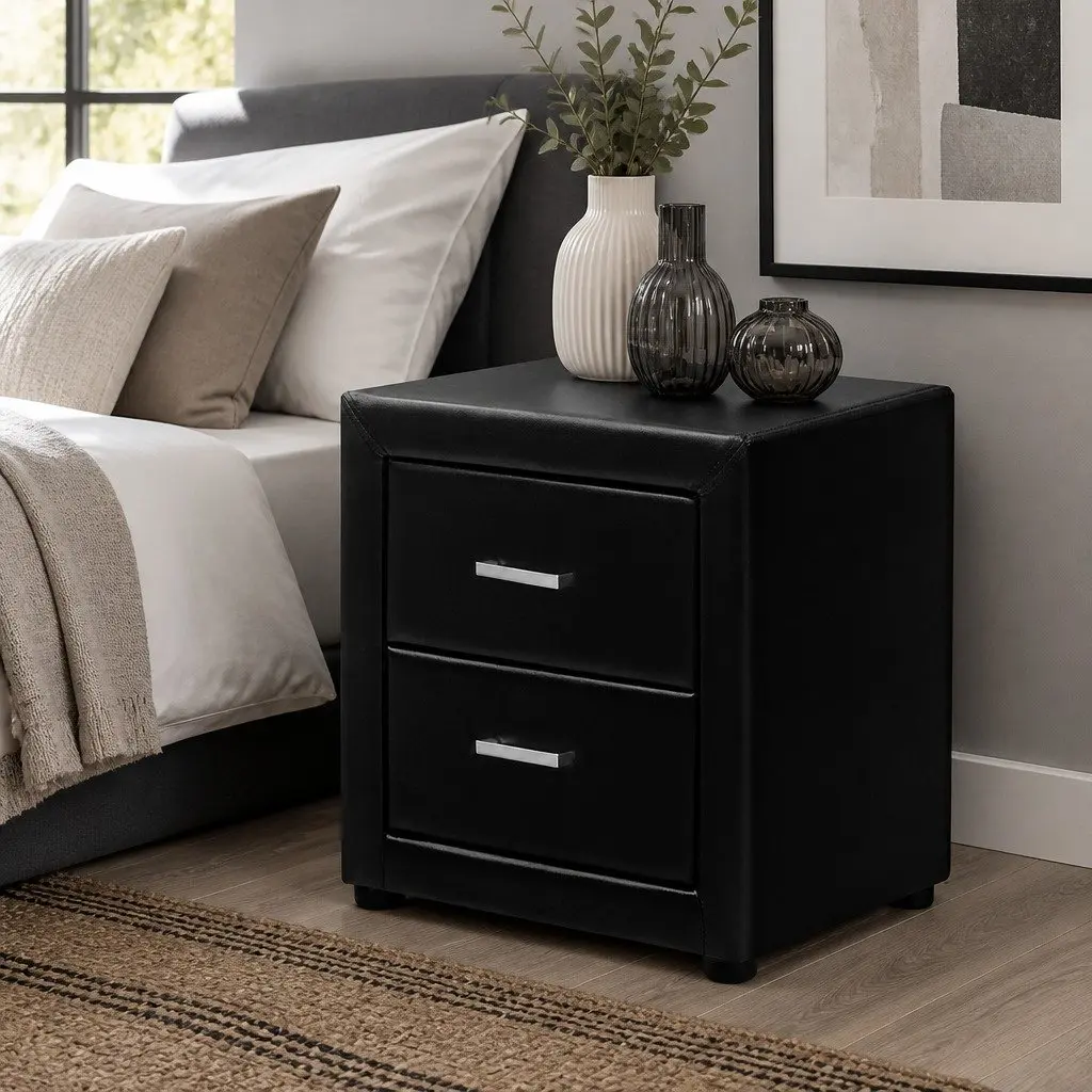 Bedside Table PU Leather 48cm W x 40cm D x 50cm H Black 2 Drawers Modern Furniture