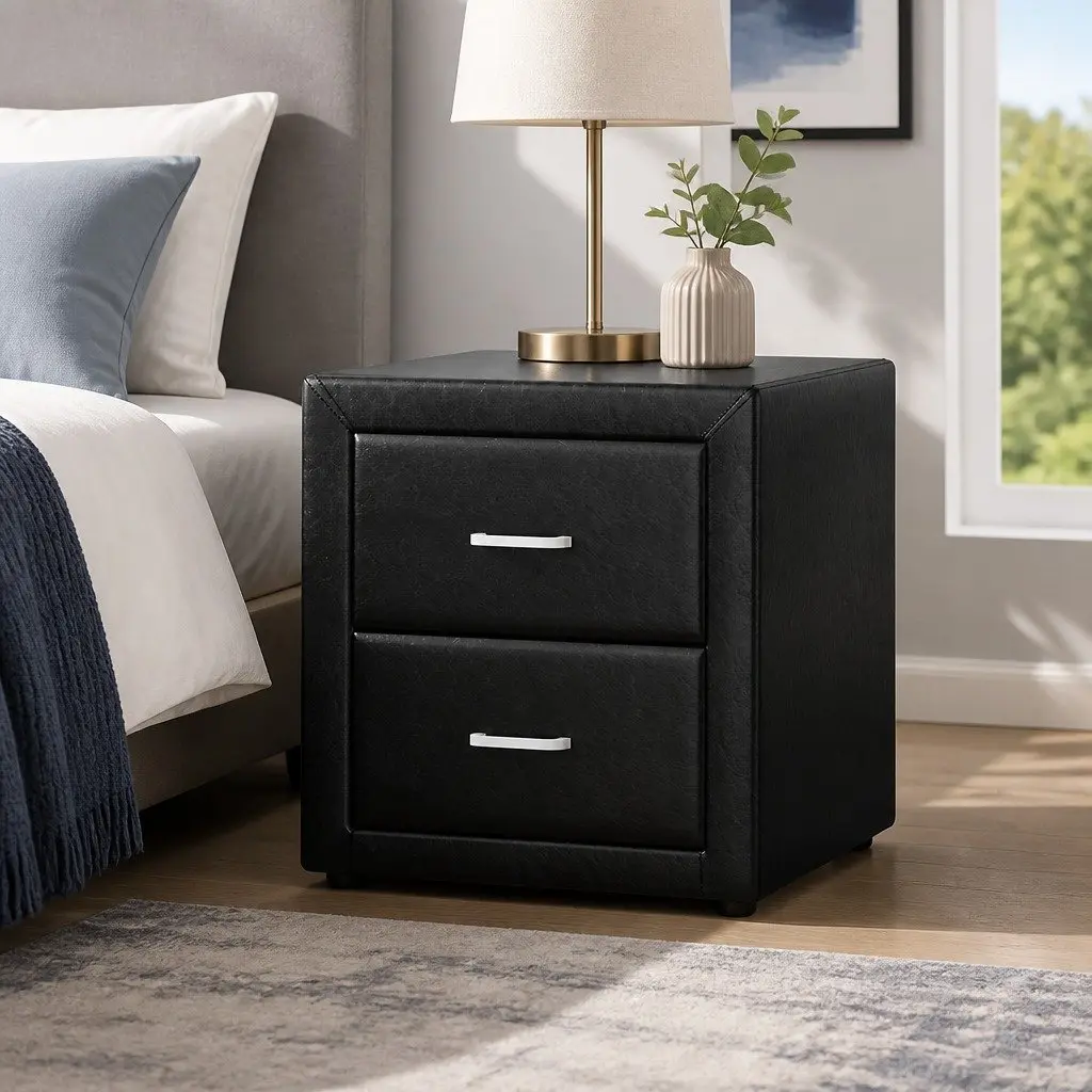 Bedside Table PU Leather 48cm W x 40cm D x 50cm H Black 2 Drawers Modern Furniture