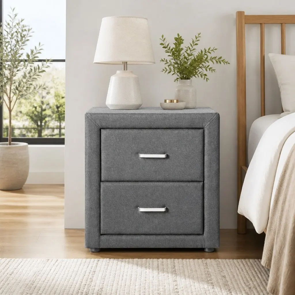Bedside Table Linen Fabric 46cm Grey Modern 2 Drawers Bedroom Storage