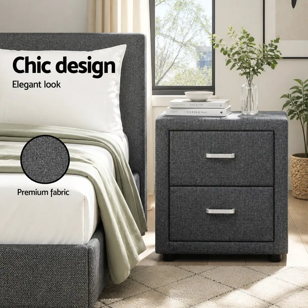 Bedside Table Linen Fabric 46cm Grey Modern 2 Drawers Bedroom Storage