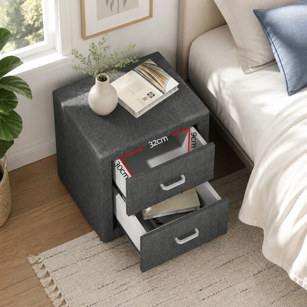 Bedside Table Linen Fabric 46cm Grey Modern 2 Drawers Bedroom Storage