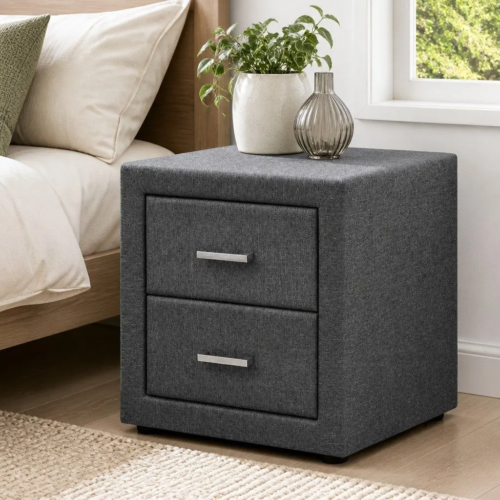 Bedside Table Linen Fabric 46cm Grey Modern 2 Drawers Bedroom Storage