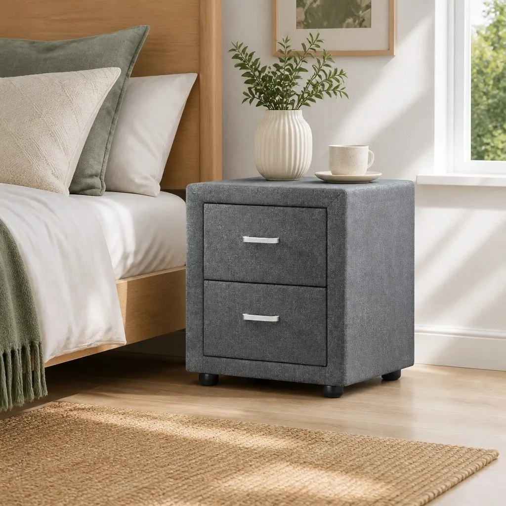 Bedside Table Linen Fabric 46cm Grey Modern 2 Drawers Bedroom Storage