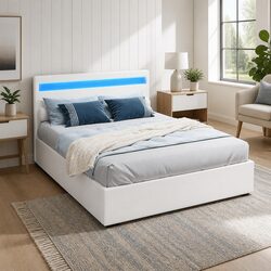 Functional Double Bed Frame with LED Headboard for Storage