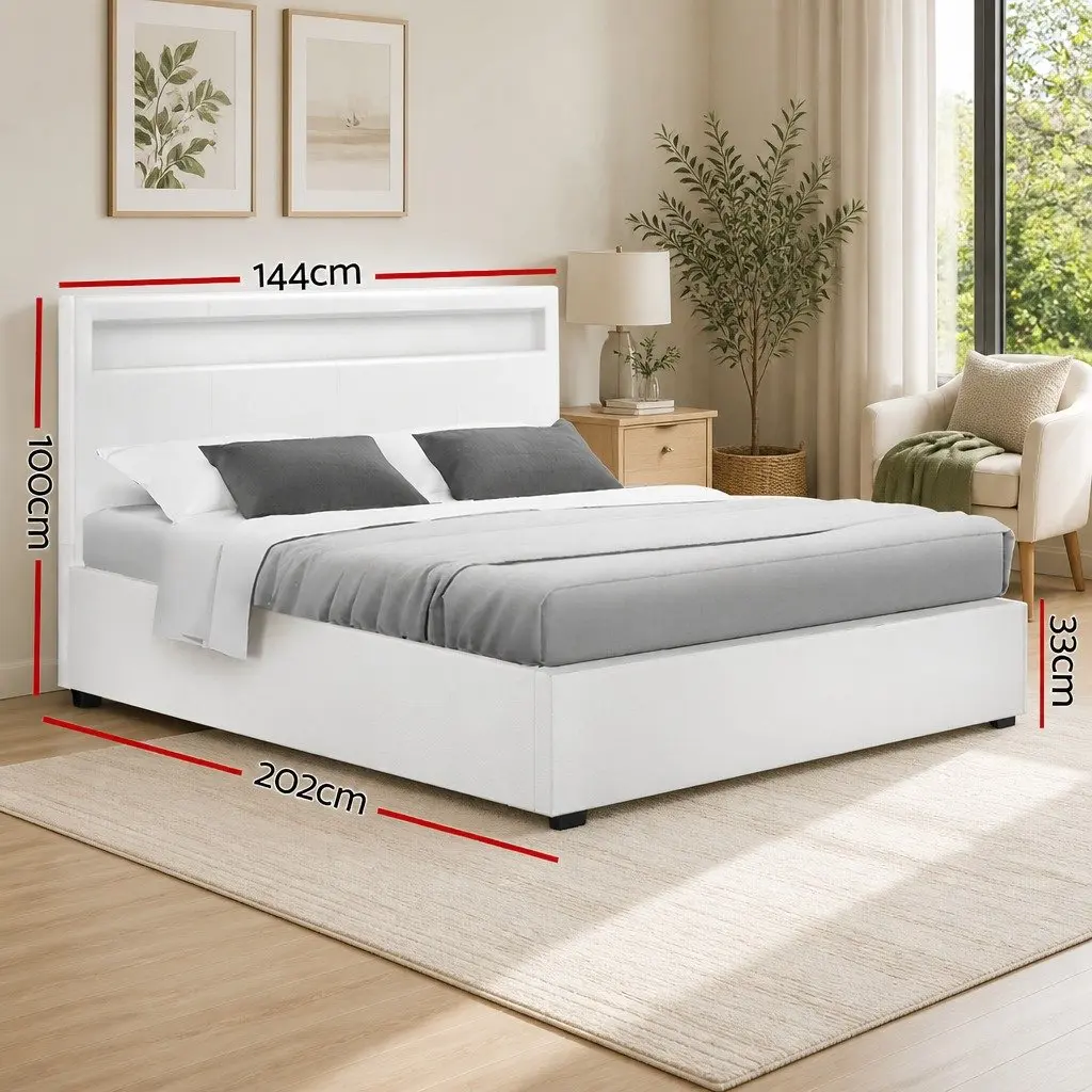 Double Bed Frame White Upholstered Gas Lift Storage LED Headboard 202cm x 144cm x 100cm
