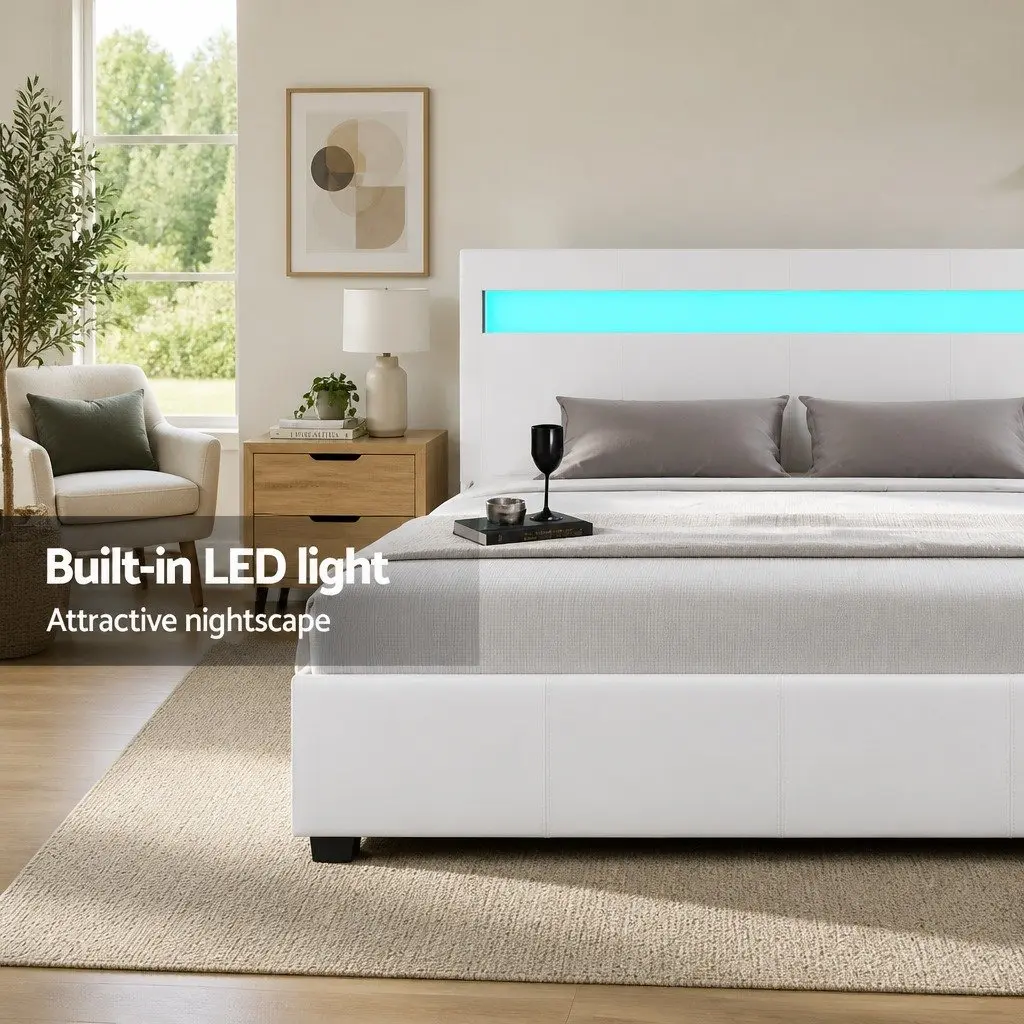 Double Bed Frame White Upholstered Gas Lift Storage LED Headboard 202cm x 144cm x 100cm
