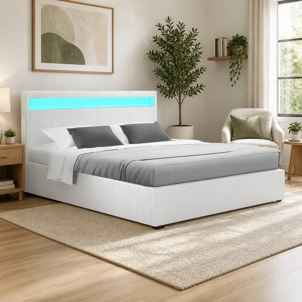 Double Bed Frame White Upholstered Gas Lift Storage LED Headboard 202cm x 144cm x 100cm
