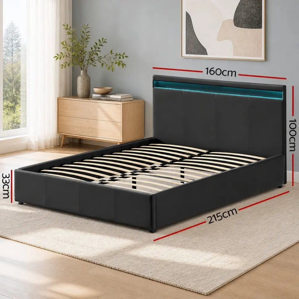 Queen Size Gas Lift Bed Frame Steel PVC Leather Black with LED Lighting and Storage Headboard
