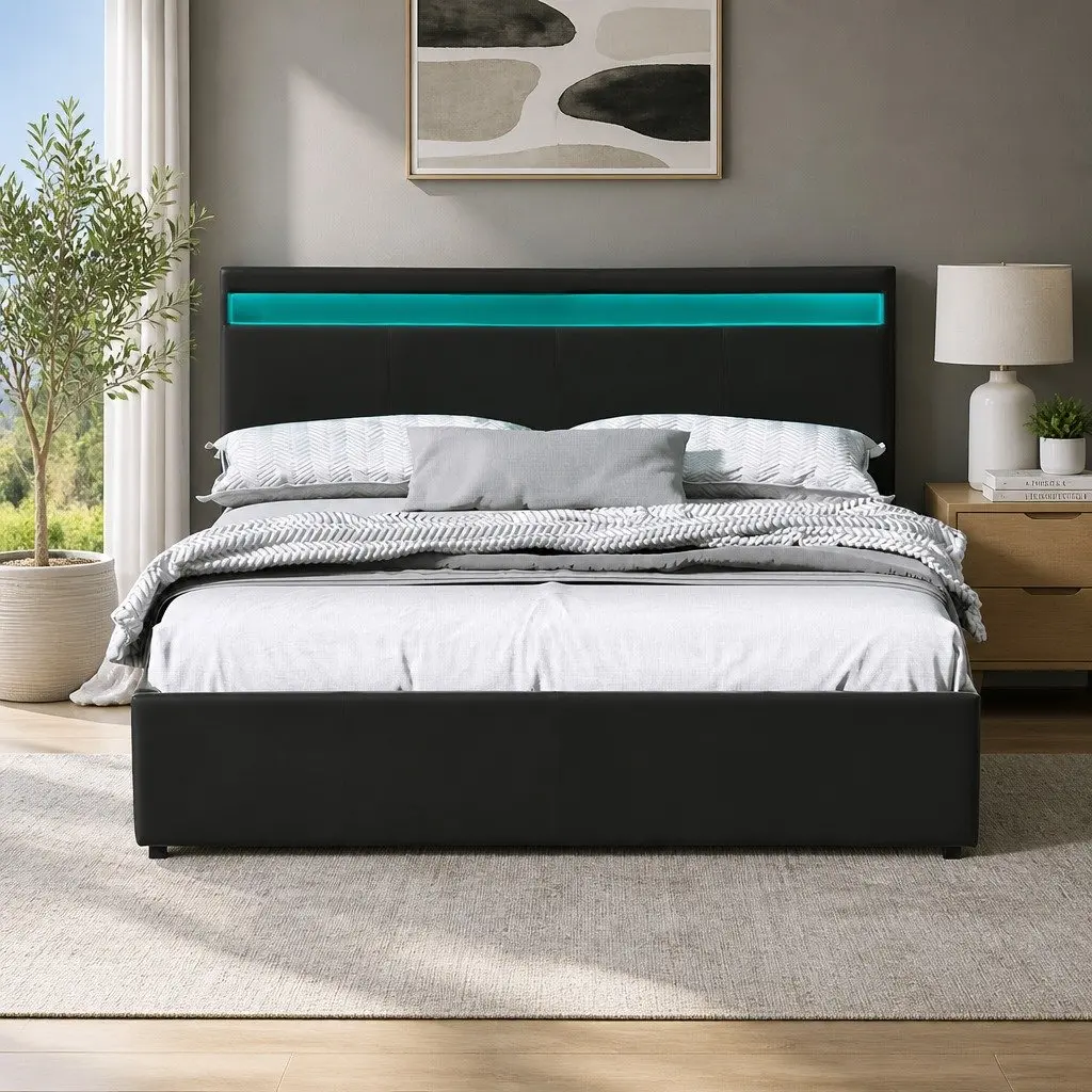 Queen Size Gas Lift Bed Frame Steel PVC Leather Black with LED Lighting and Storage Headboard