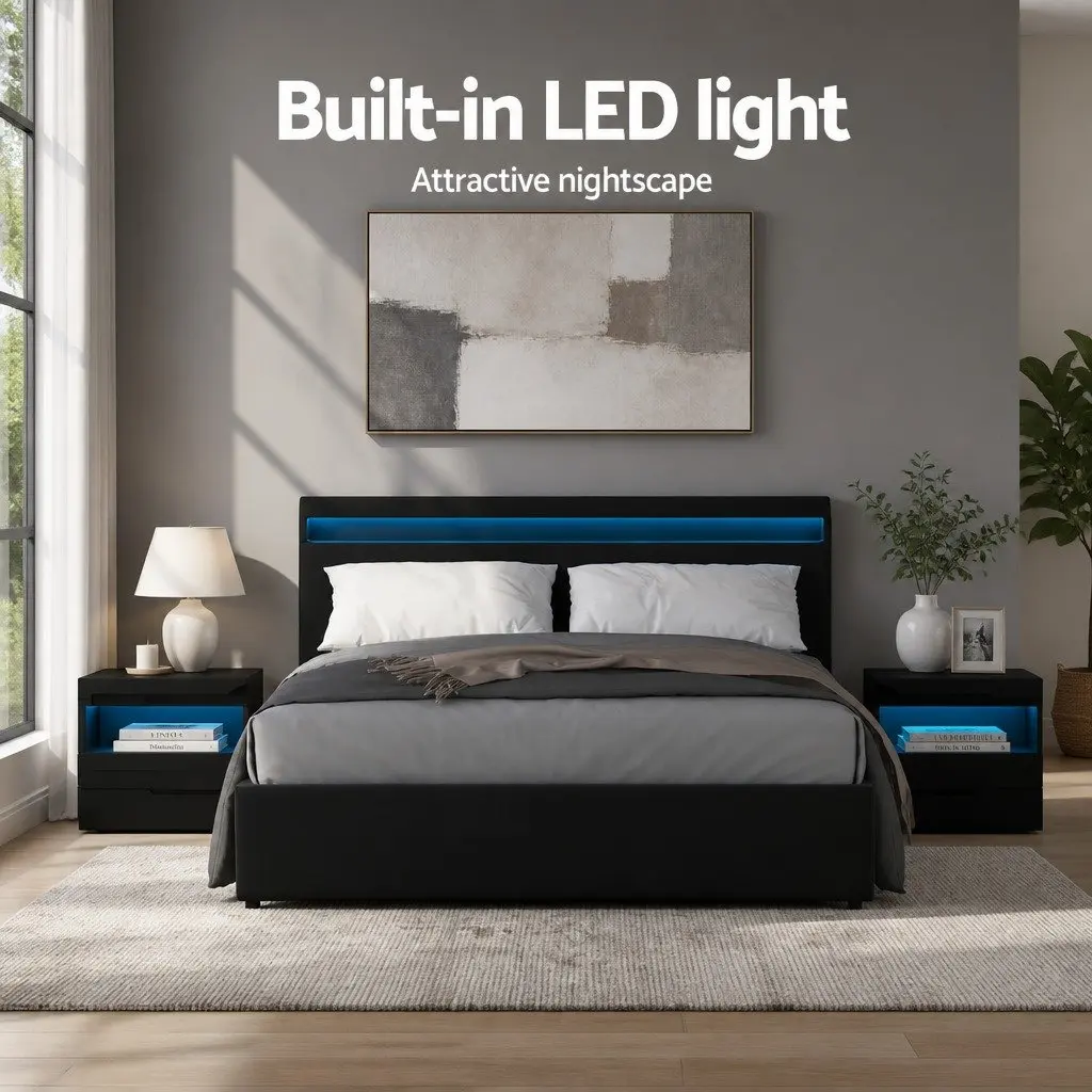 Queen Size Gas Lift Bed Frame Steel PVC Leather Black with LED Lighting and Storage Headboard