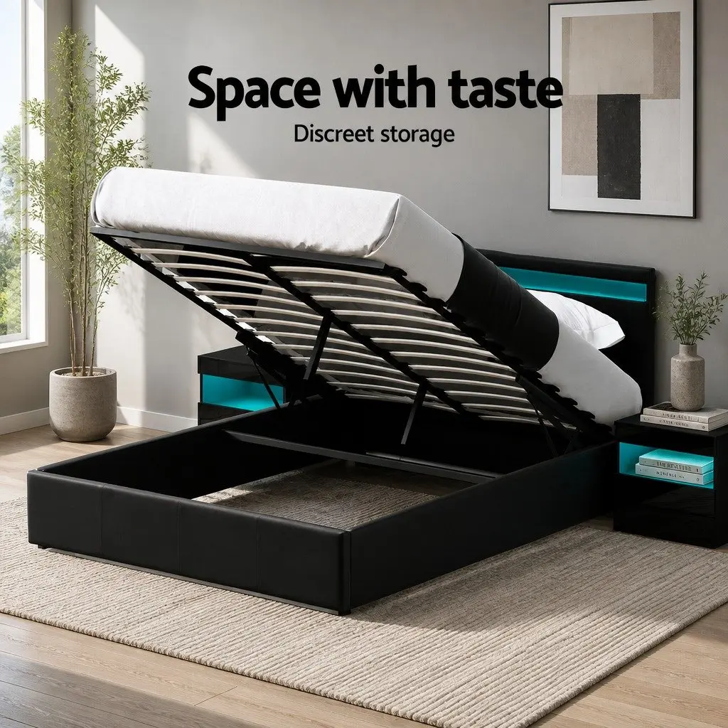 Queen Size Gas Lift Bed Frame Steel PVC Leather Black with LED Lighting and Storage Headboard
