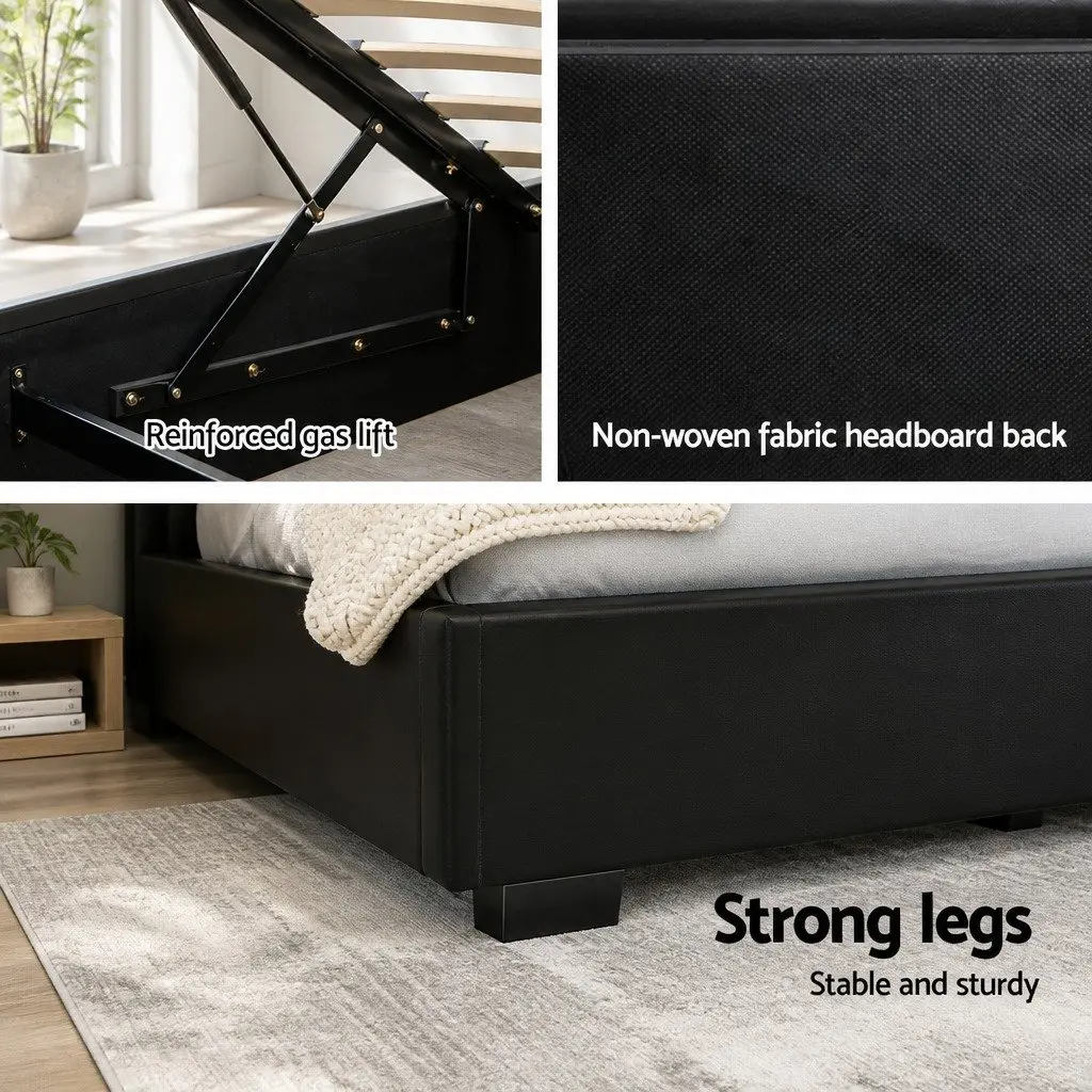 Queen Size Gas Lift Bed Frame Steel PVC Leather Black with LED Lighting and Storage Headboard
