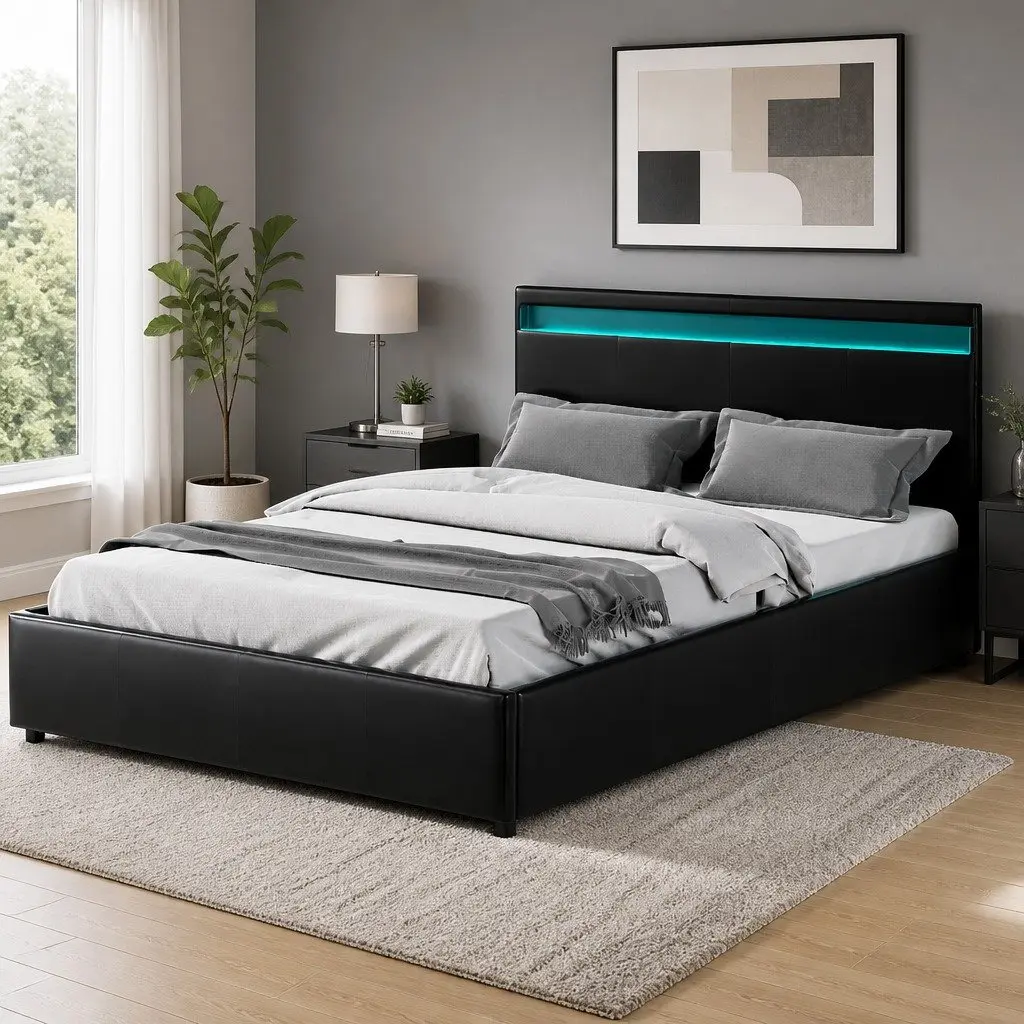 Queen Size Gas Lift Bed Frame Steel PVC Leather Black with LED Lighting and Storage Headboard