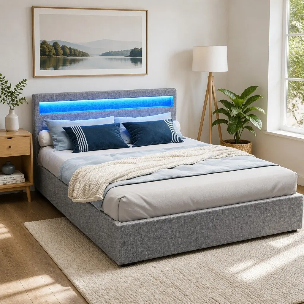 Queen Size Bed Frame with LED Headboard Storage