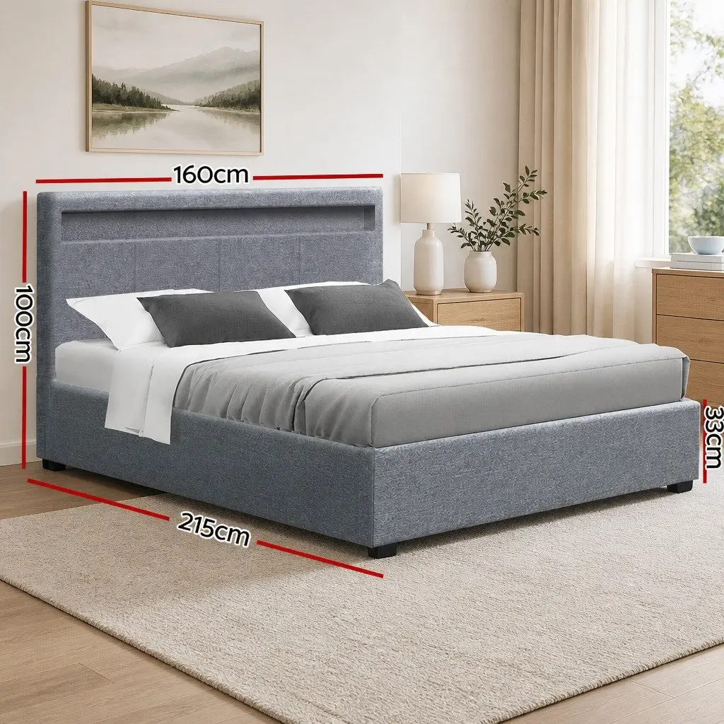 Queen Size Gas Lift Bed Frame Steel Grey with LED Headboard