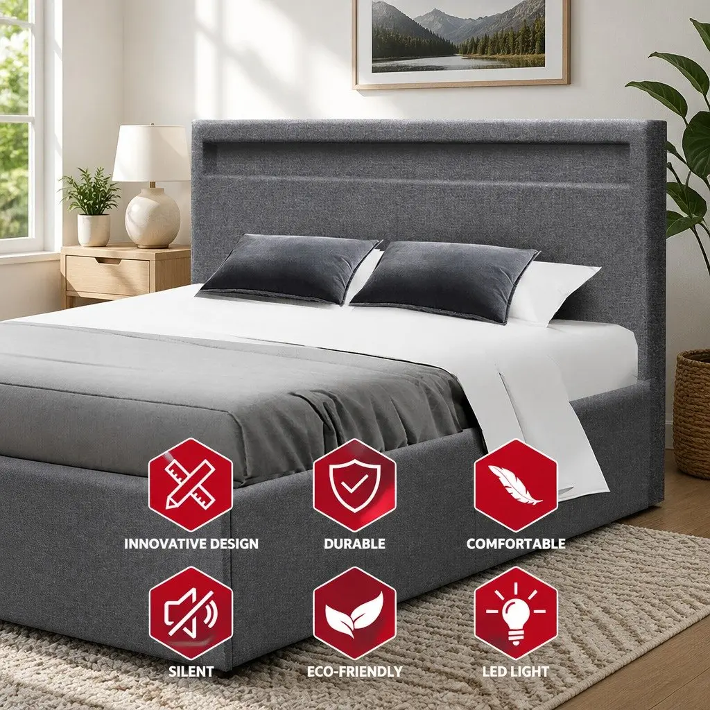 Queen Size Gas Lift Bed Frame Steel Grey with LED Headboard