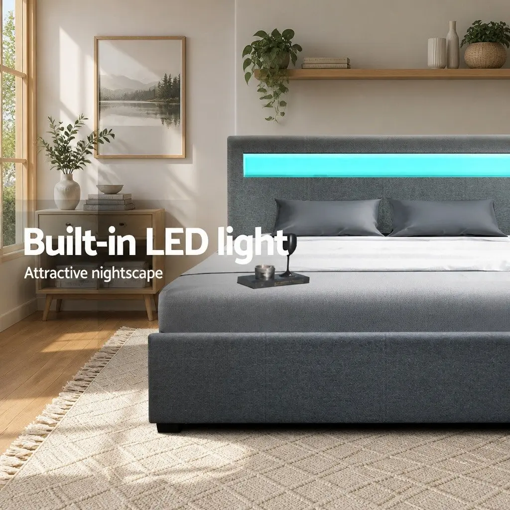 Queen Size Gas Lift Bed Frame Steel Grey with LED Headboard