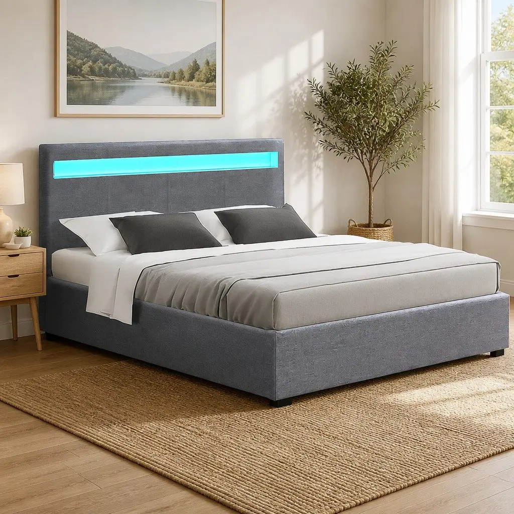 Queen Size Gas Lift Bed Frame Steel Grey with LED Headboard