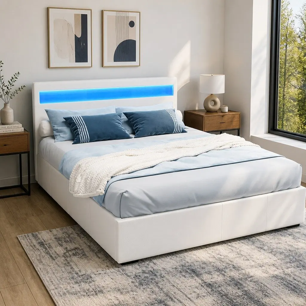 Queen Size Gas Lift Storage Bed Frame PVC Leather White with LED Headboard