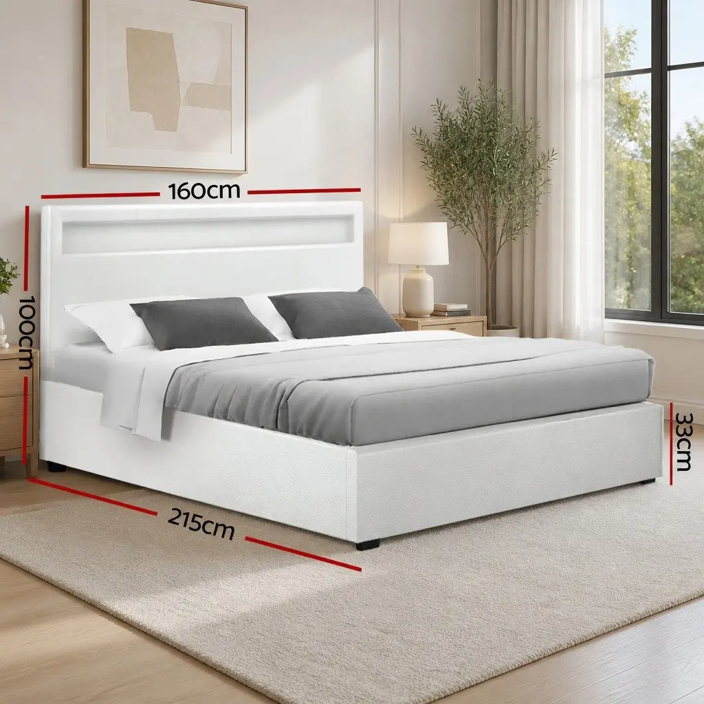 Queen Size Gas Lift Storage Bed Frame PVC Leather White with LED Headboard