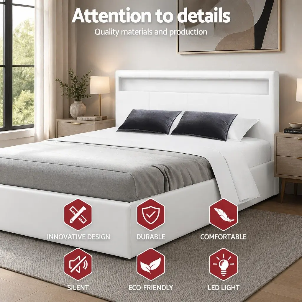 Queen Size Gas Lift Storage Bed Frame PVC Leather White with LED Headboard