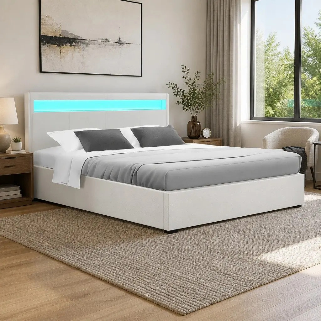 Queen Size Gas Lift Storage Bed Frame PVC Leather White with LED Headboard