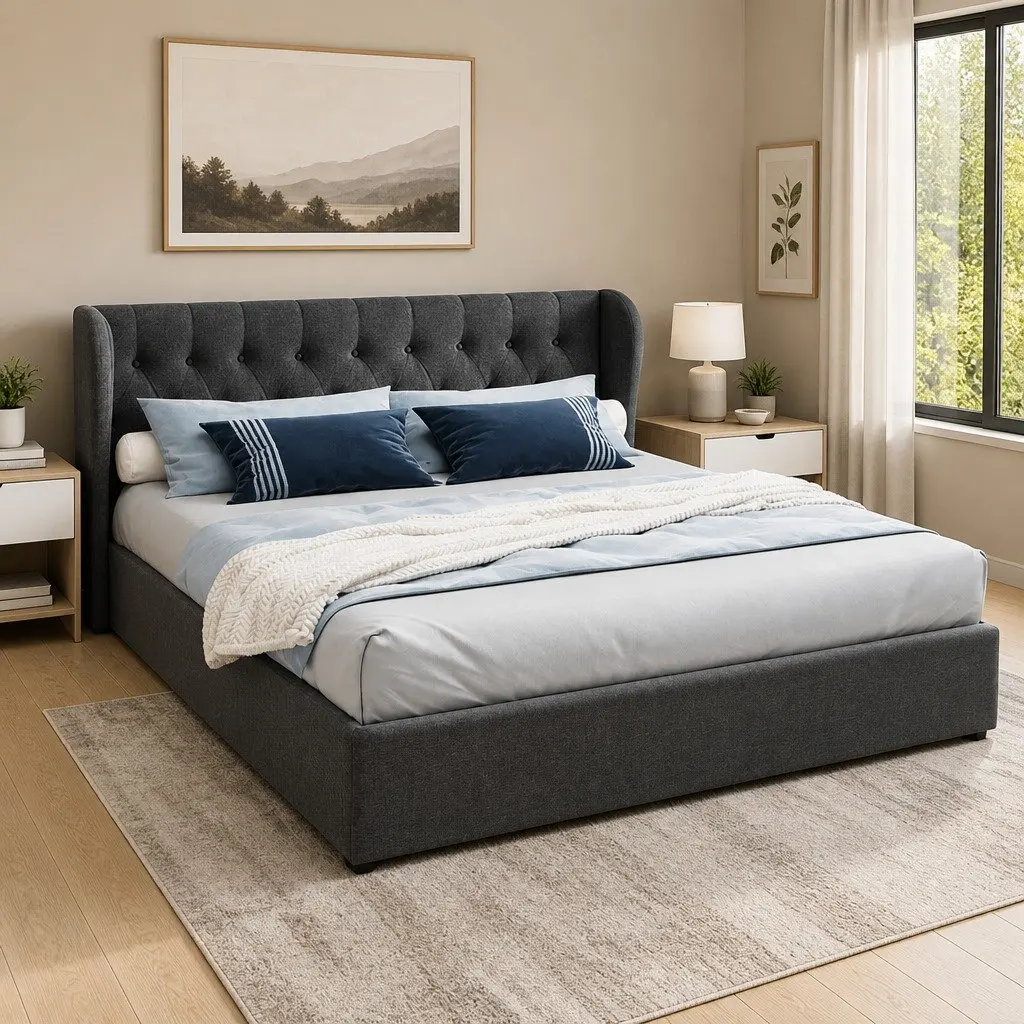 King Size Gas Lift Bed Frame Faux Linen Charcoal Tufted Headboard