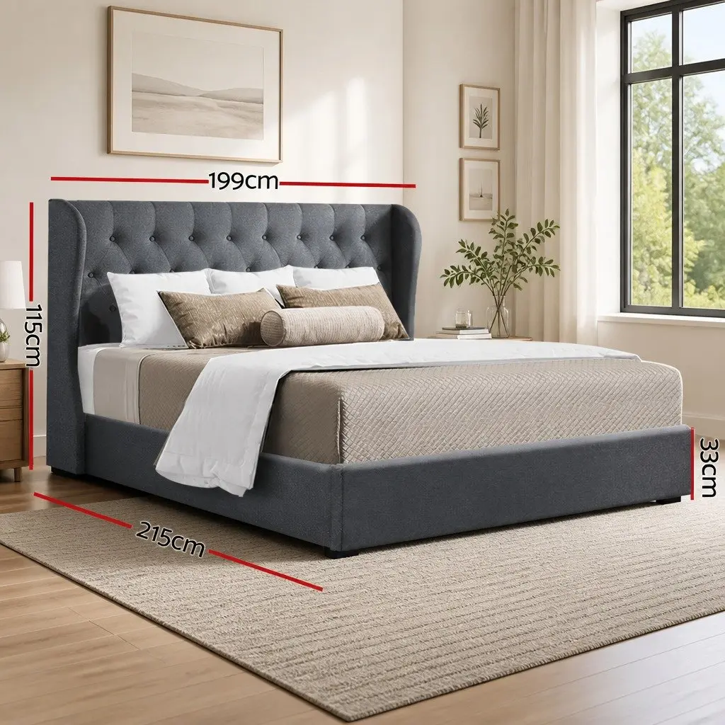 King Size Gas Lift Bed Frame Faux Linen Charcoal Tufted Headboard