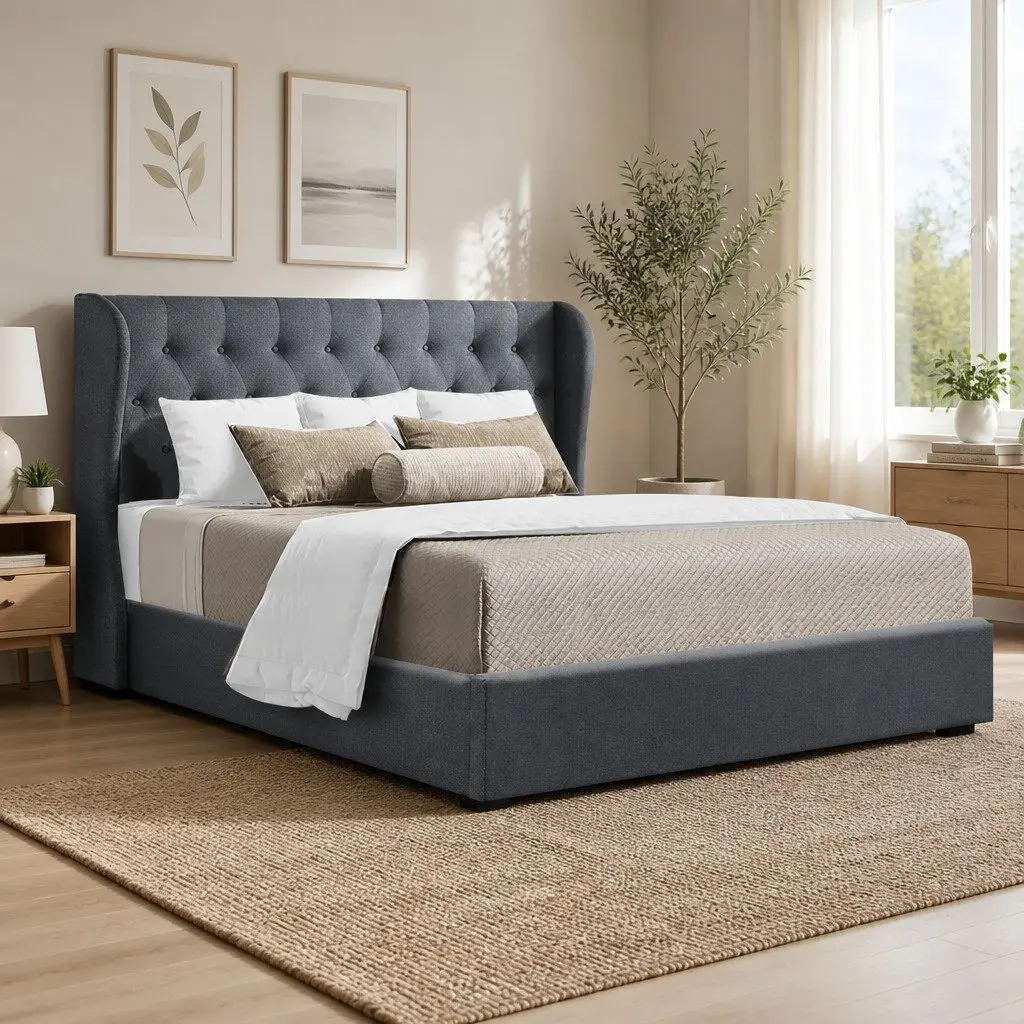 King Size Gas Lift Bed Frame Faux Linen Charcoal Tufted Headboard