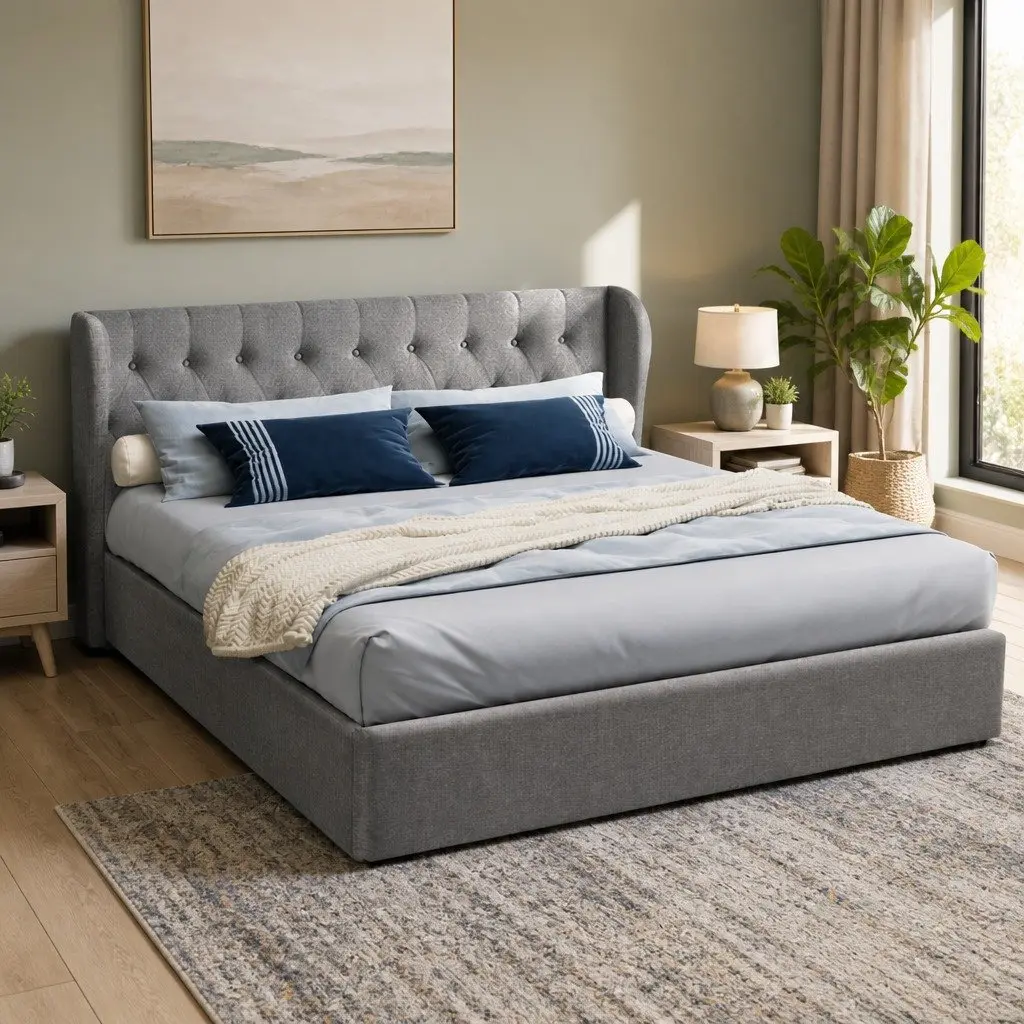 King Size Gas Lift Bed Frame Upholstered Grey Tufted Headboard