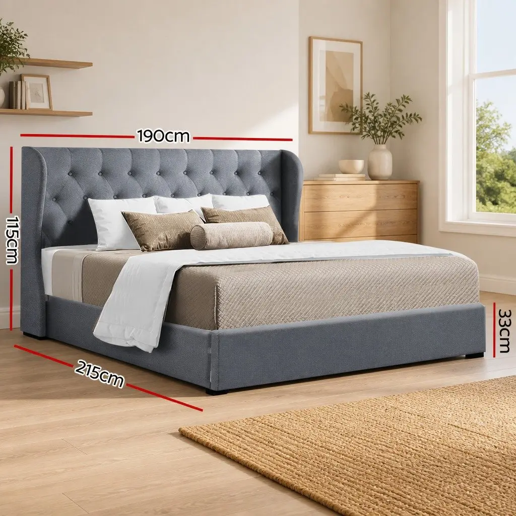 King Size Gas Lift Bed Frame Upholstered Grey Tufted Headboard