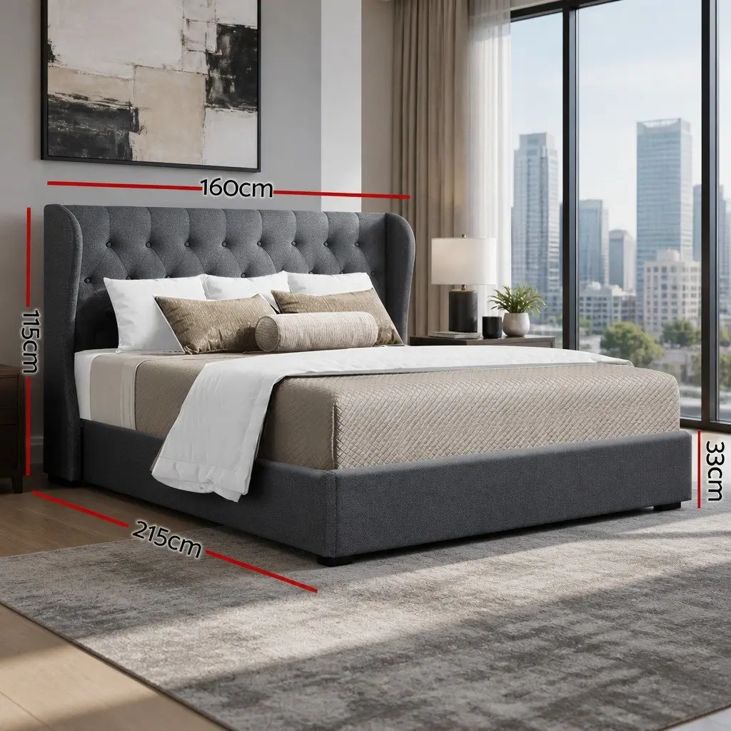 Queen Size Gas Lift Bed Frame Upholstered Headboard Charcoal