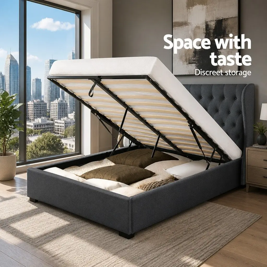 Queen Size Gas Lift Bed Frame Upholstered Headboard Charcoal