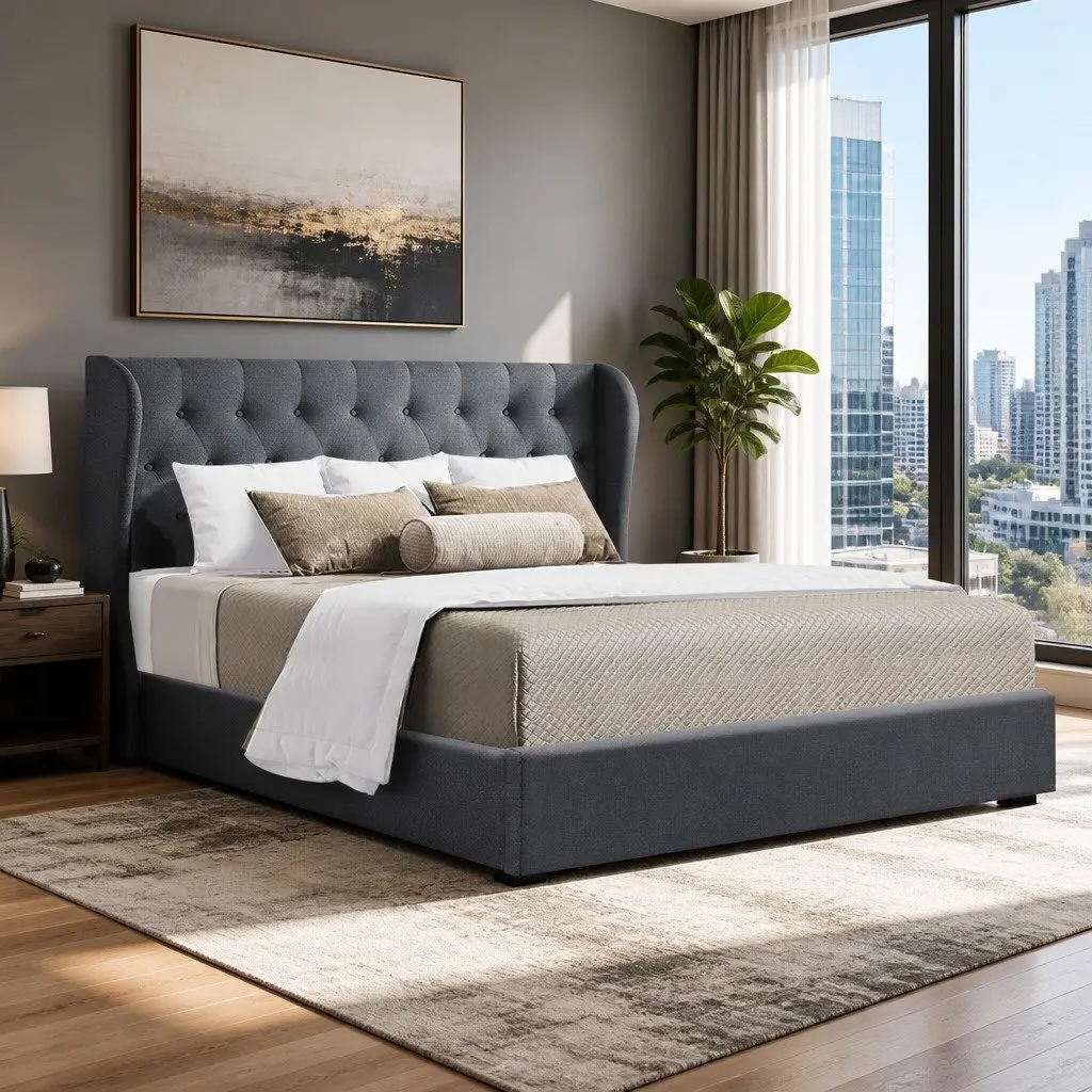 Queen Size Gas Lift Bed Frame Upholstered Headboard Charcoal