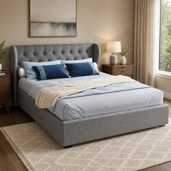 Queen Size Gas Lift Bed Frame with Storage Grey Upholstered Padded Headboard