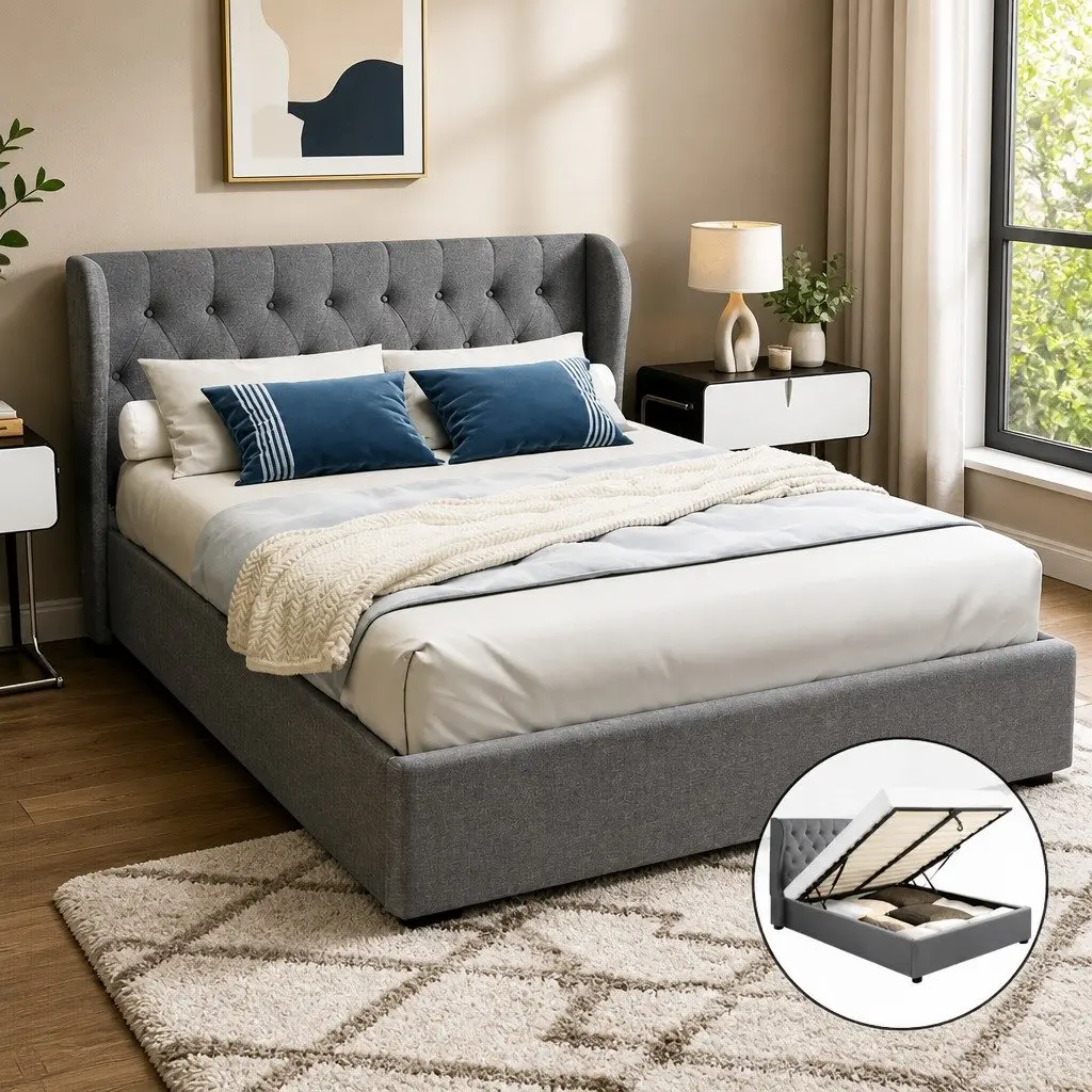 Gas Lift Bed Frame Queen Size with Storage Grey Upholstered Padded Headboard