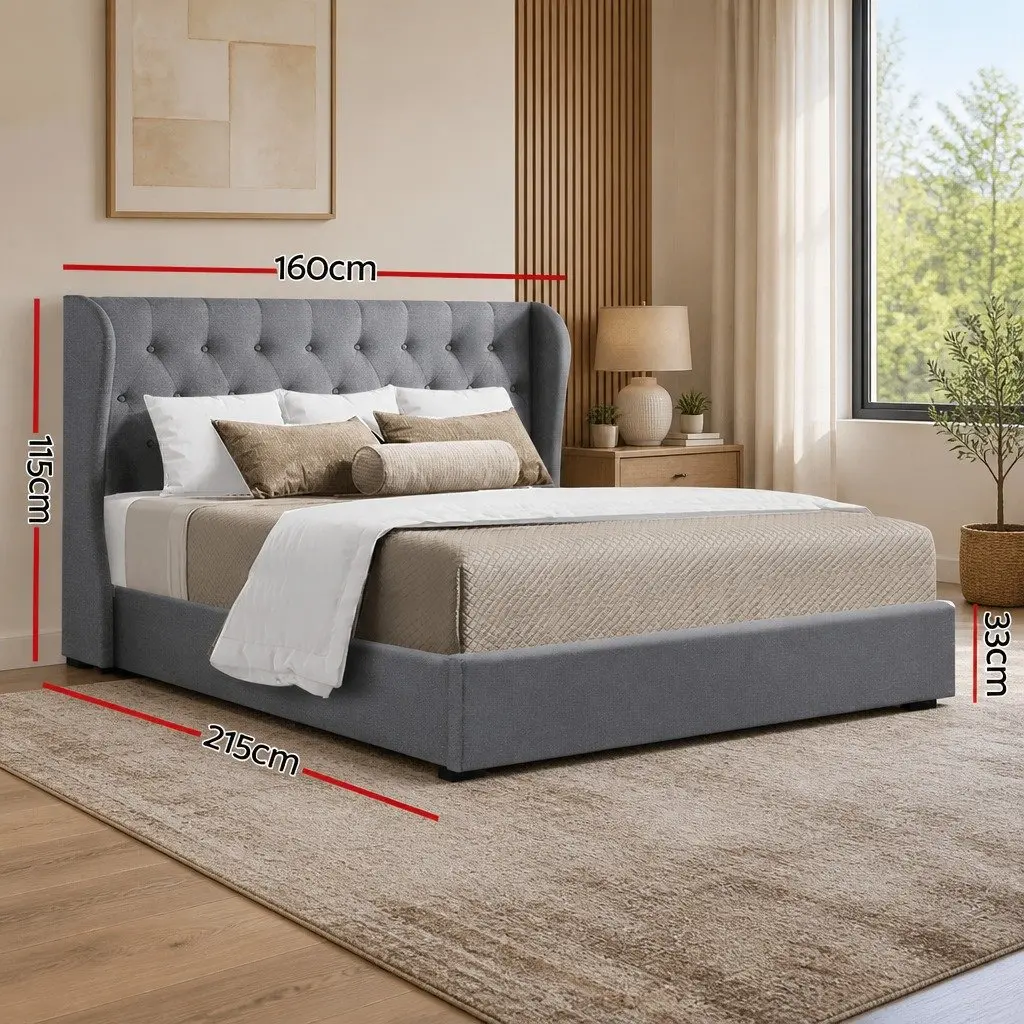 Gas Lift Bed Frame Queen Size with Storage Grey Upholstered Padded Headboard