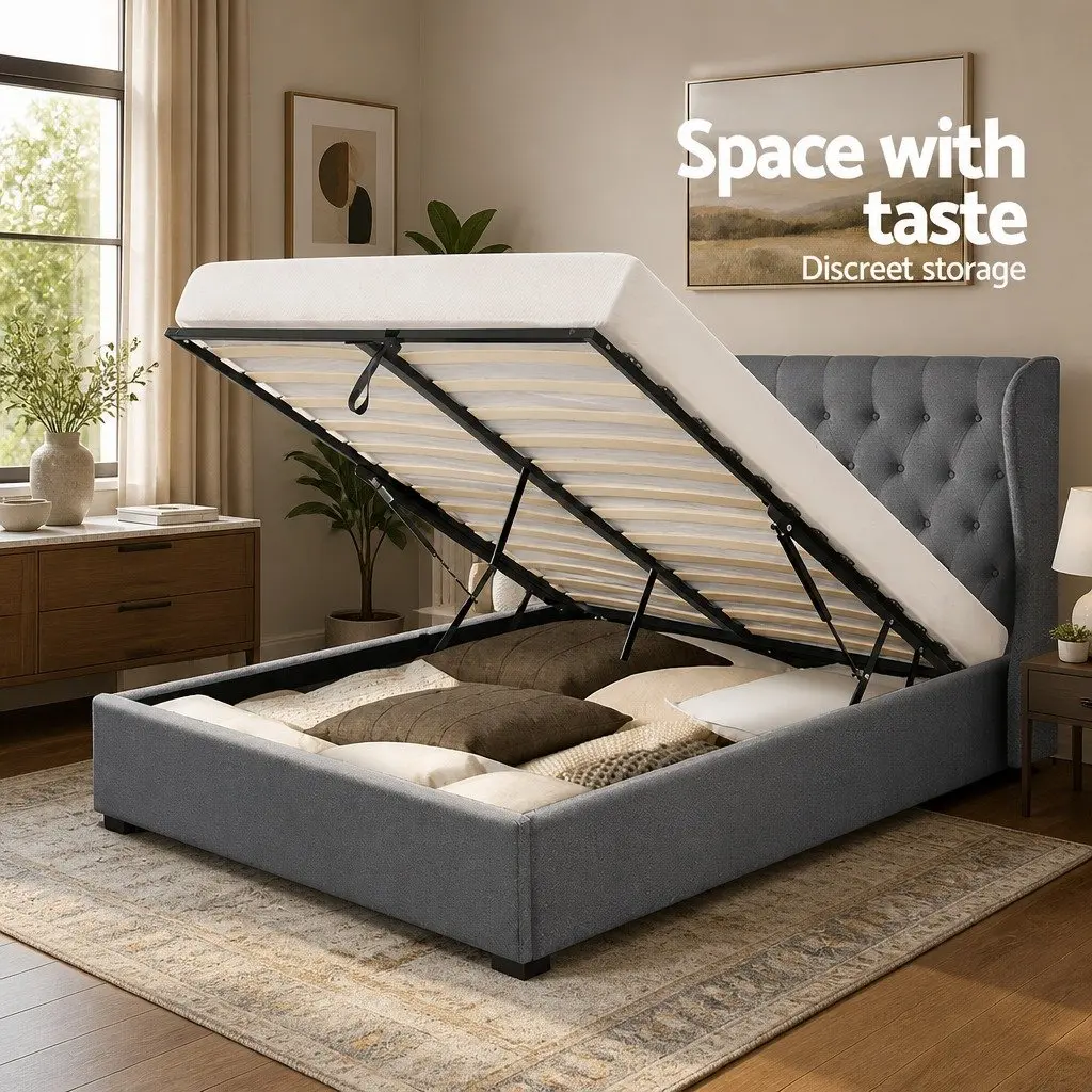 Gas Lift Bed Frame Queen Size with Storage Grey Upholstered Padded Headboard