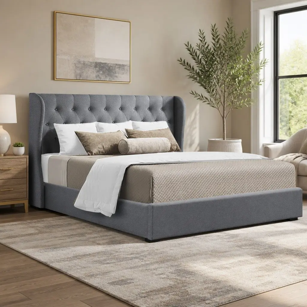 Gas Lift Bed Frame Queen Size with Storage Grey Upholstered Padded Headboard