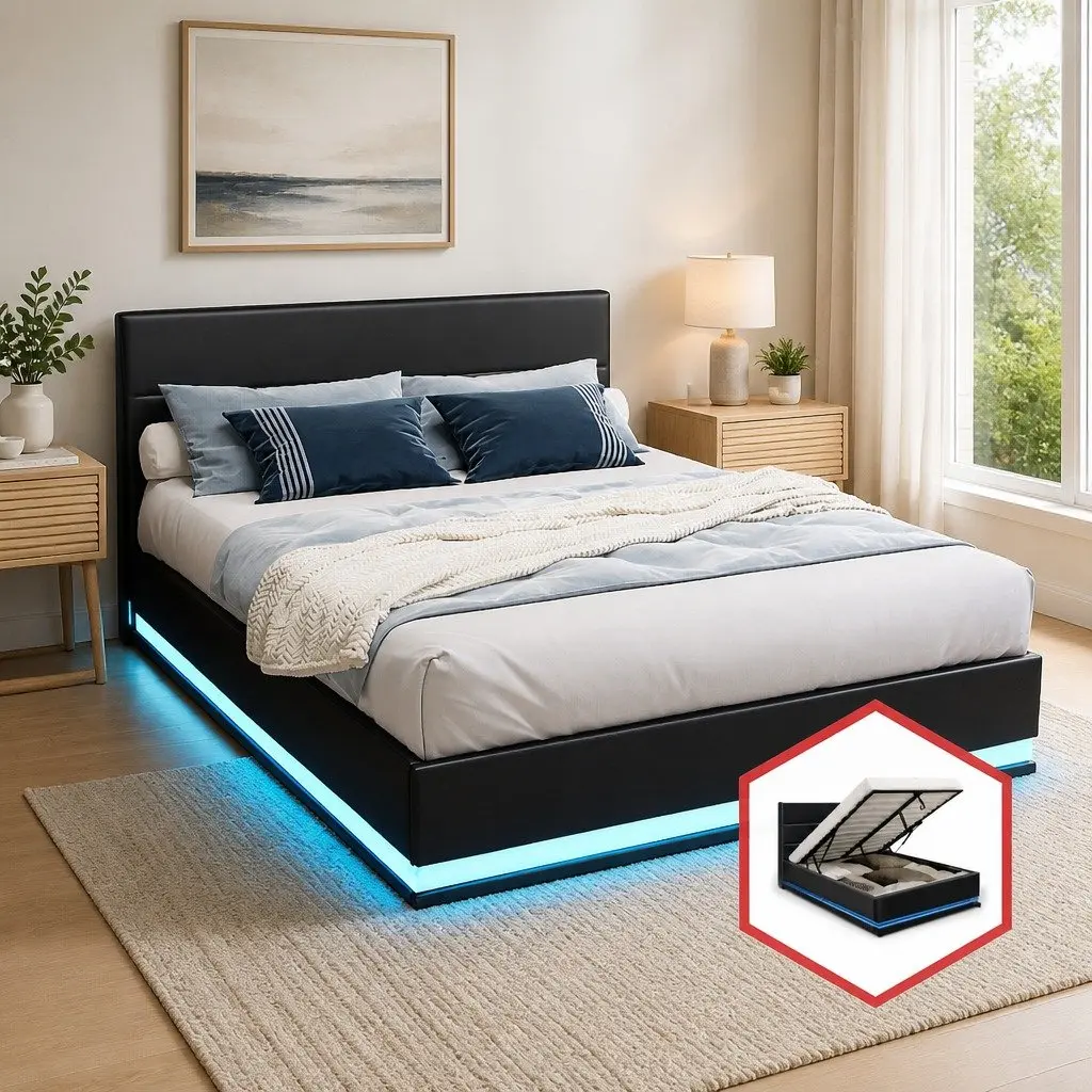 Double Size Bed Frame Gas Lift Storage Black Upholstered PVC Leather