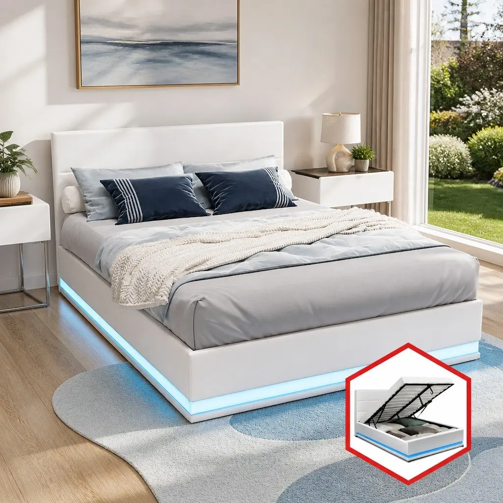 Double Bed Frame Gas Lift Storage White Upholstered Headboard