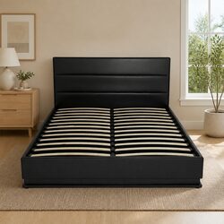 Queen Size Bed Frame with Gas Lift Storage LED Lights Black Upholstered